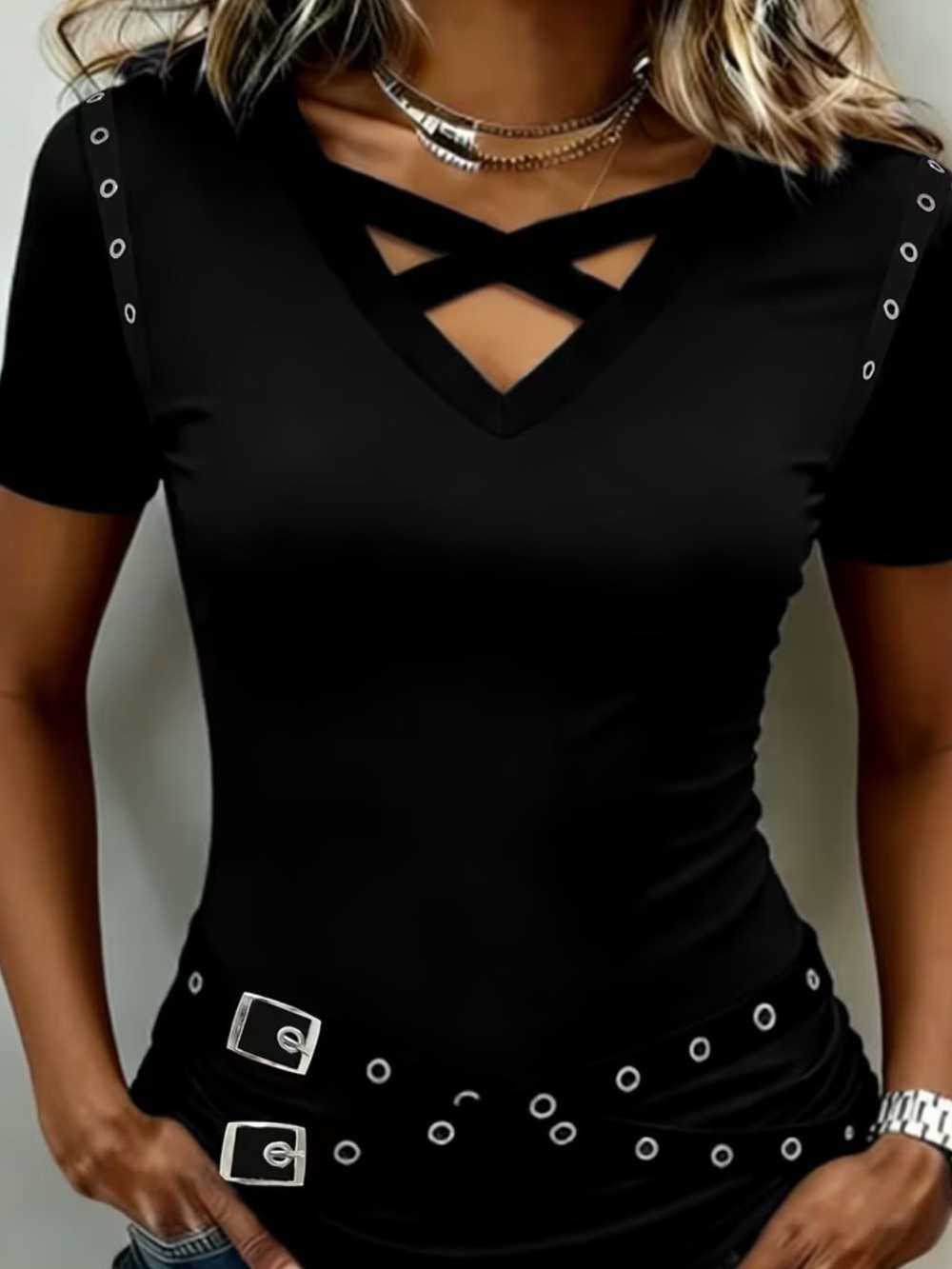 Black Crisscross V-Neck Women's Top
